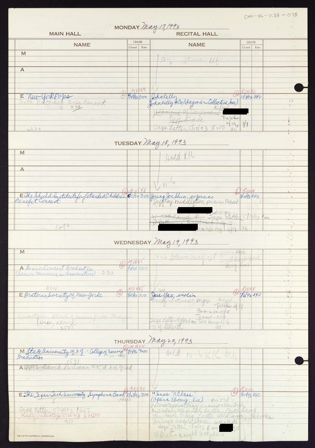 Carnegie Hall Booking Ledger, volume 38, page 78