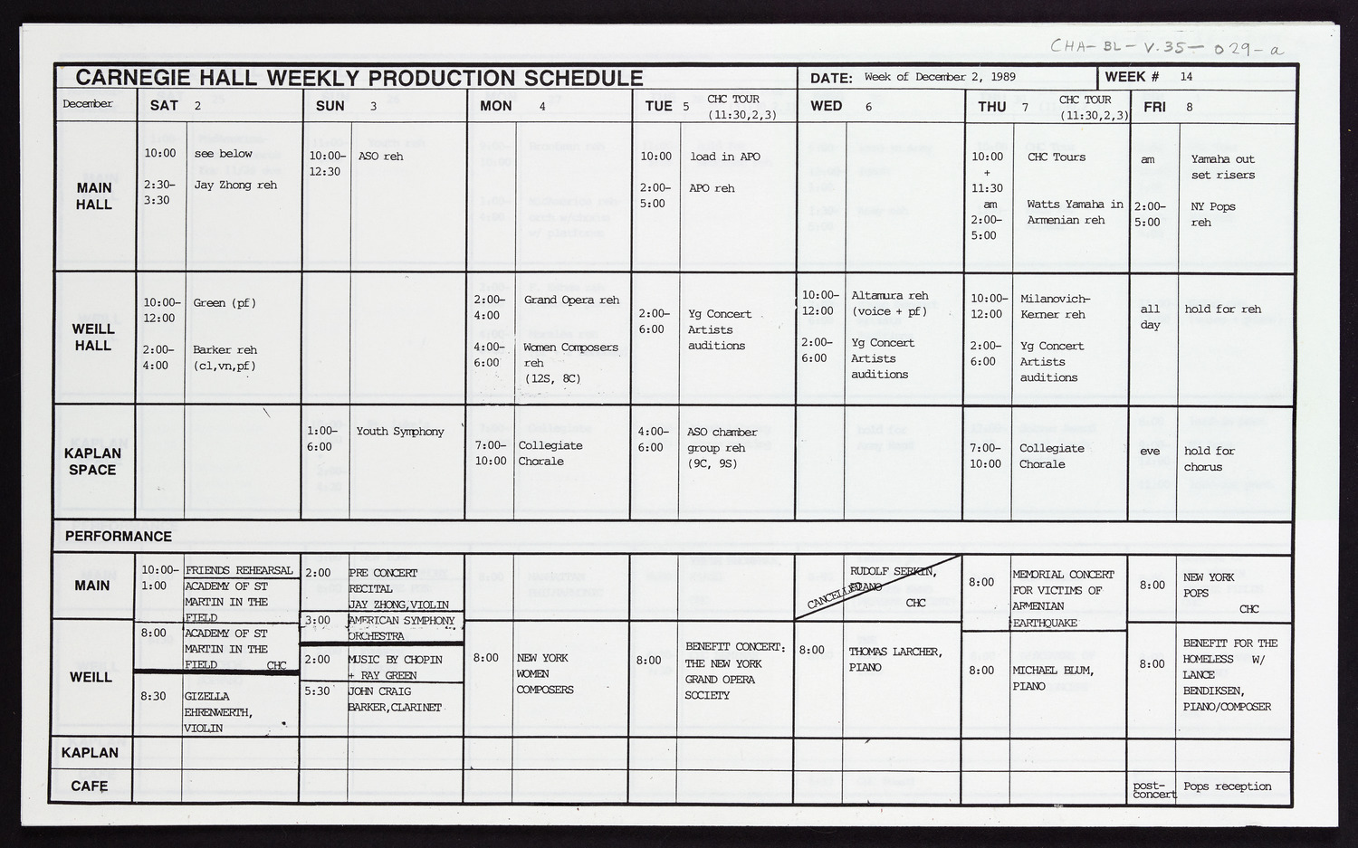 Carnegie Hall Booking Ledger, volume 35, page 29a