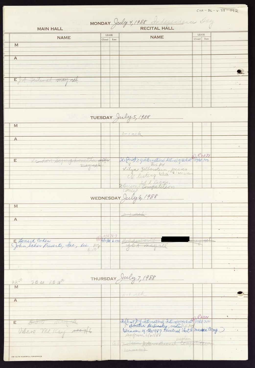 Carnegie Hall Booking Ledger, volume 33, page 92