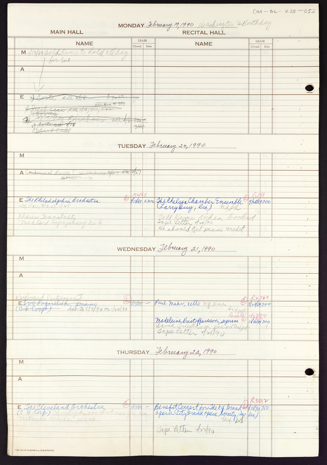 Carnegie Hall Booking Ledger, volume 35, page 52