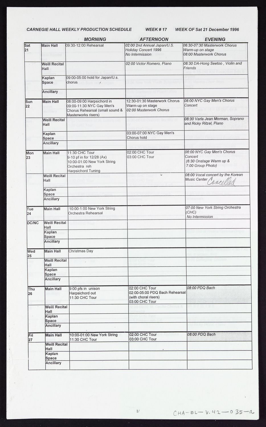 Carnegie Hall Booking Ledger, volume 42, page 35a