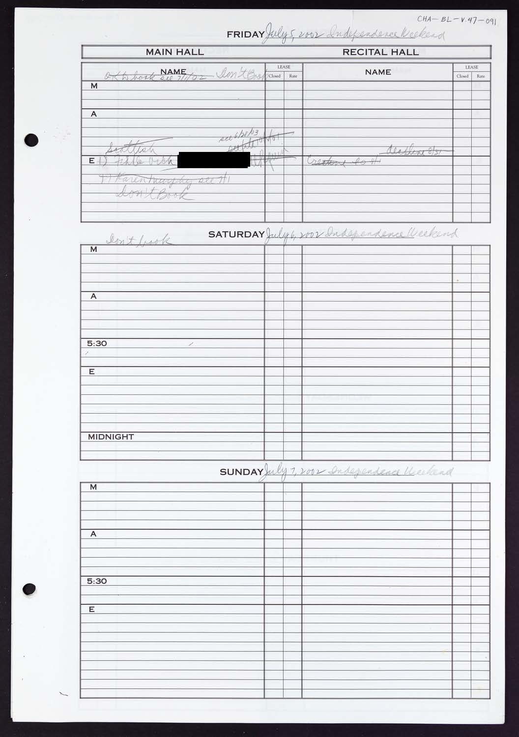 Carnegie Hall Booking Ledger, volume 47, page 91