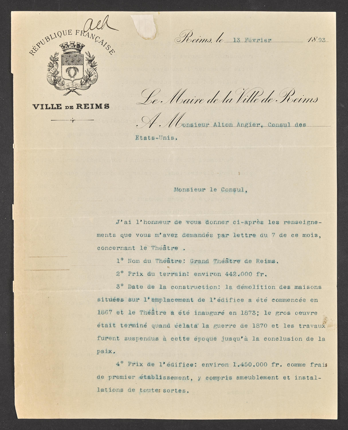 Questionnaire to Grand-Théâtre de Reims, February 13, 1893, page 1 of 3