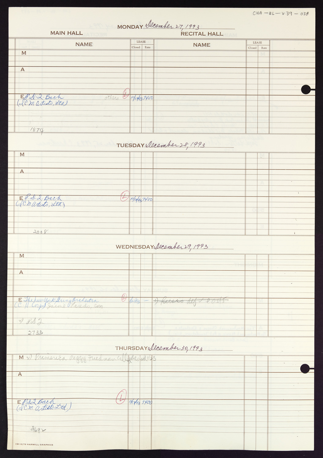 Carnegie Hall Booking Ledger, volume 39, page 38