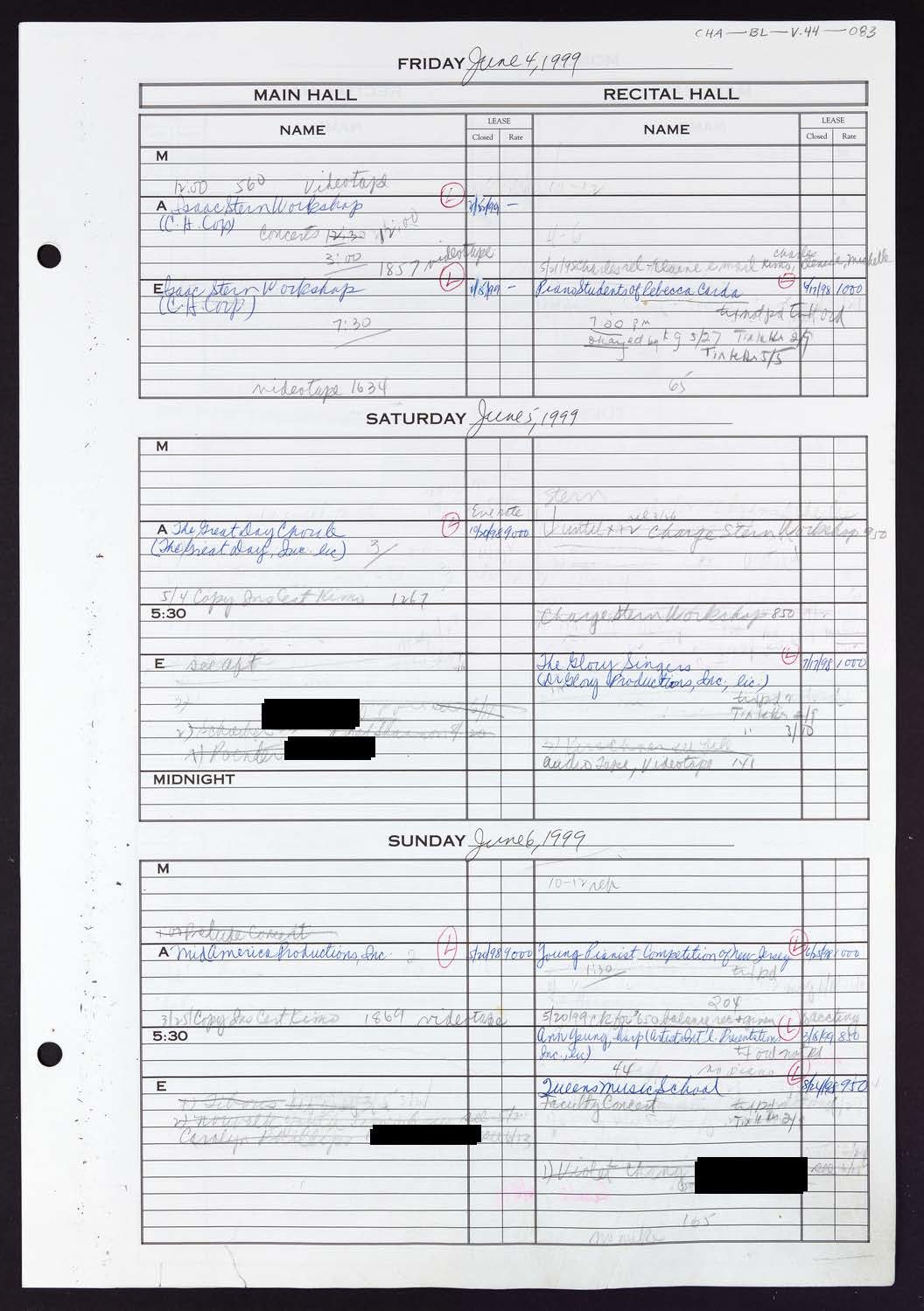 Carnegie Hall Booking Ledger, volume 44, page 83