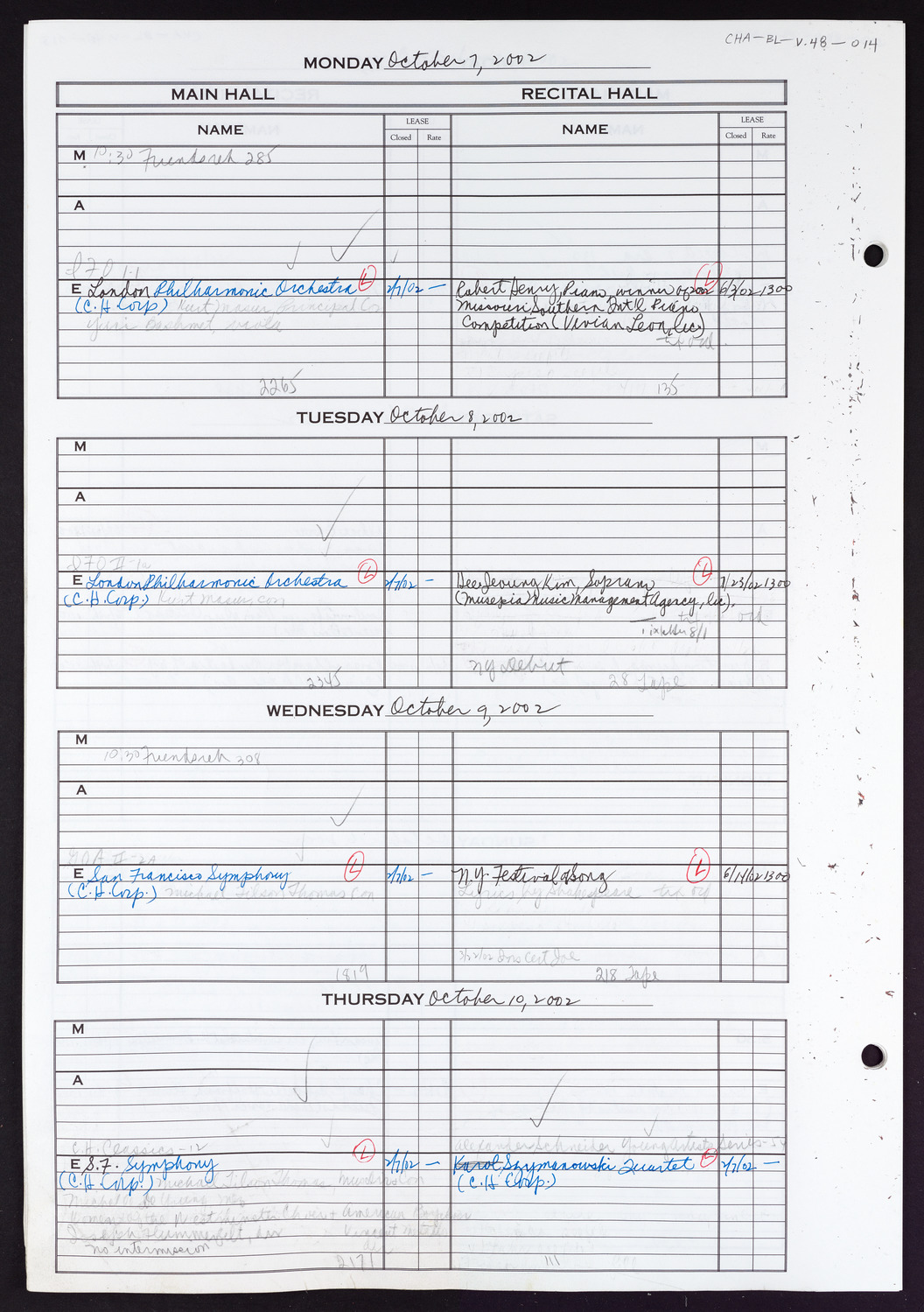 Carnegie Hall Booking Ledger, volume 48, page 14