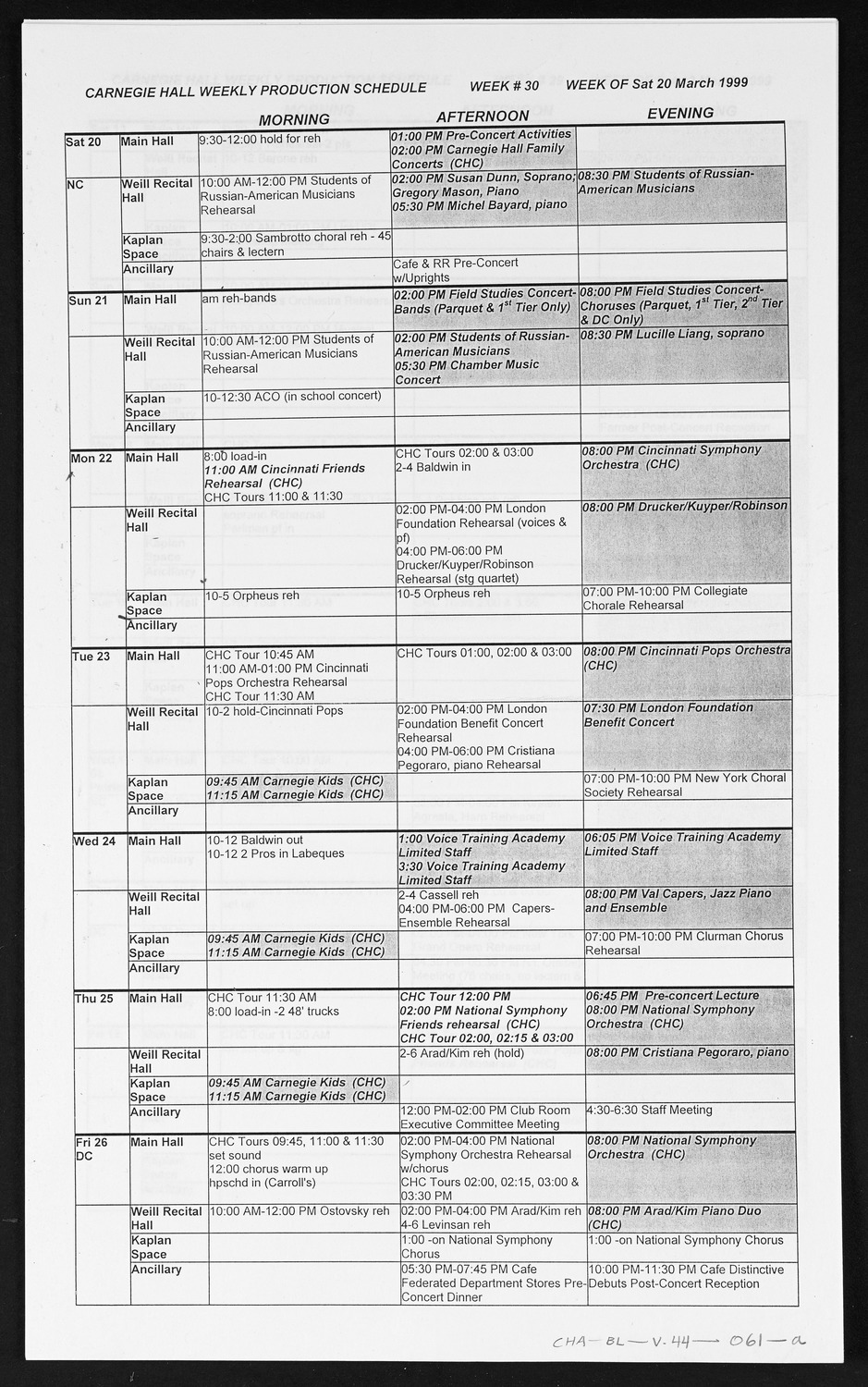 Carnegie Hall Booking Ledger, volume 44, page 61a