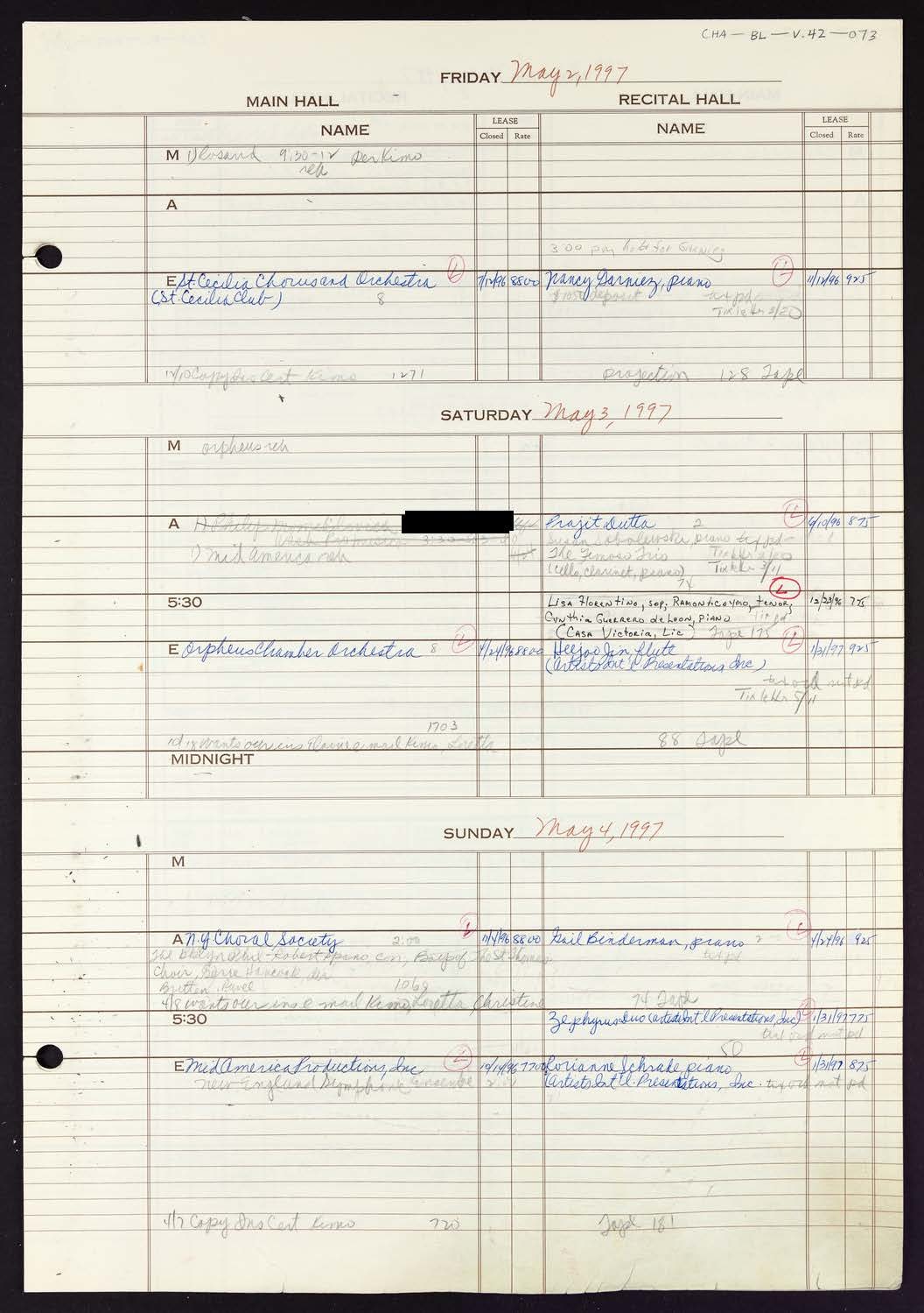 Carnegie Hall Booking Ledger, volume 42, page 73