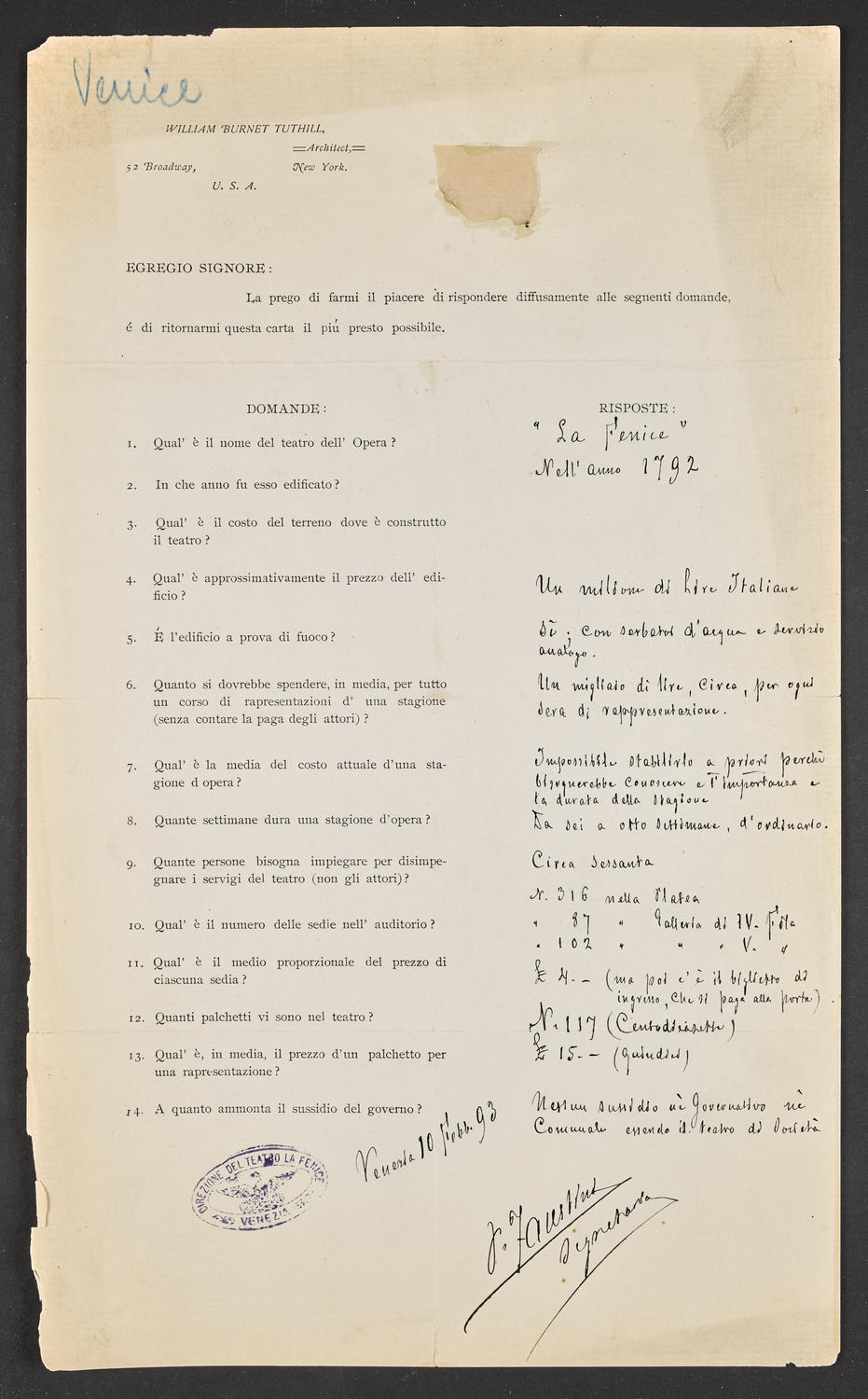 Questionnaire to Venice "La Fenice," February 10, 1893