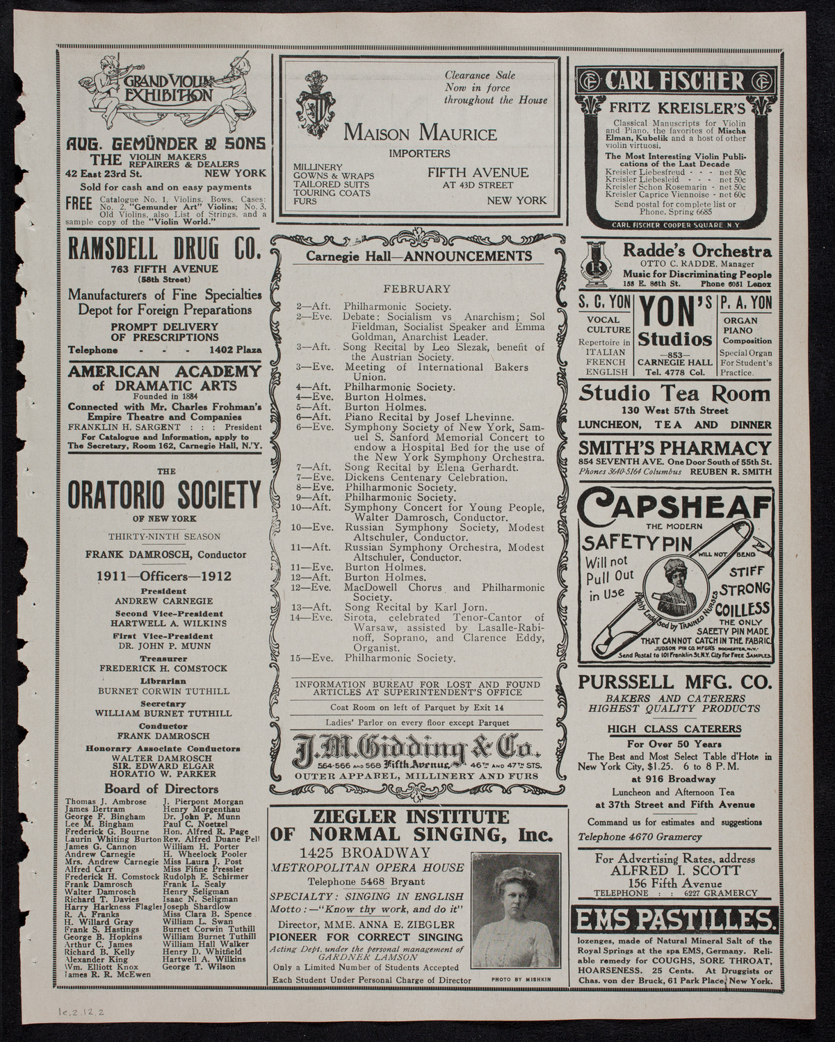 New York Philharmonic, February 1, 1912, program page 3