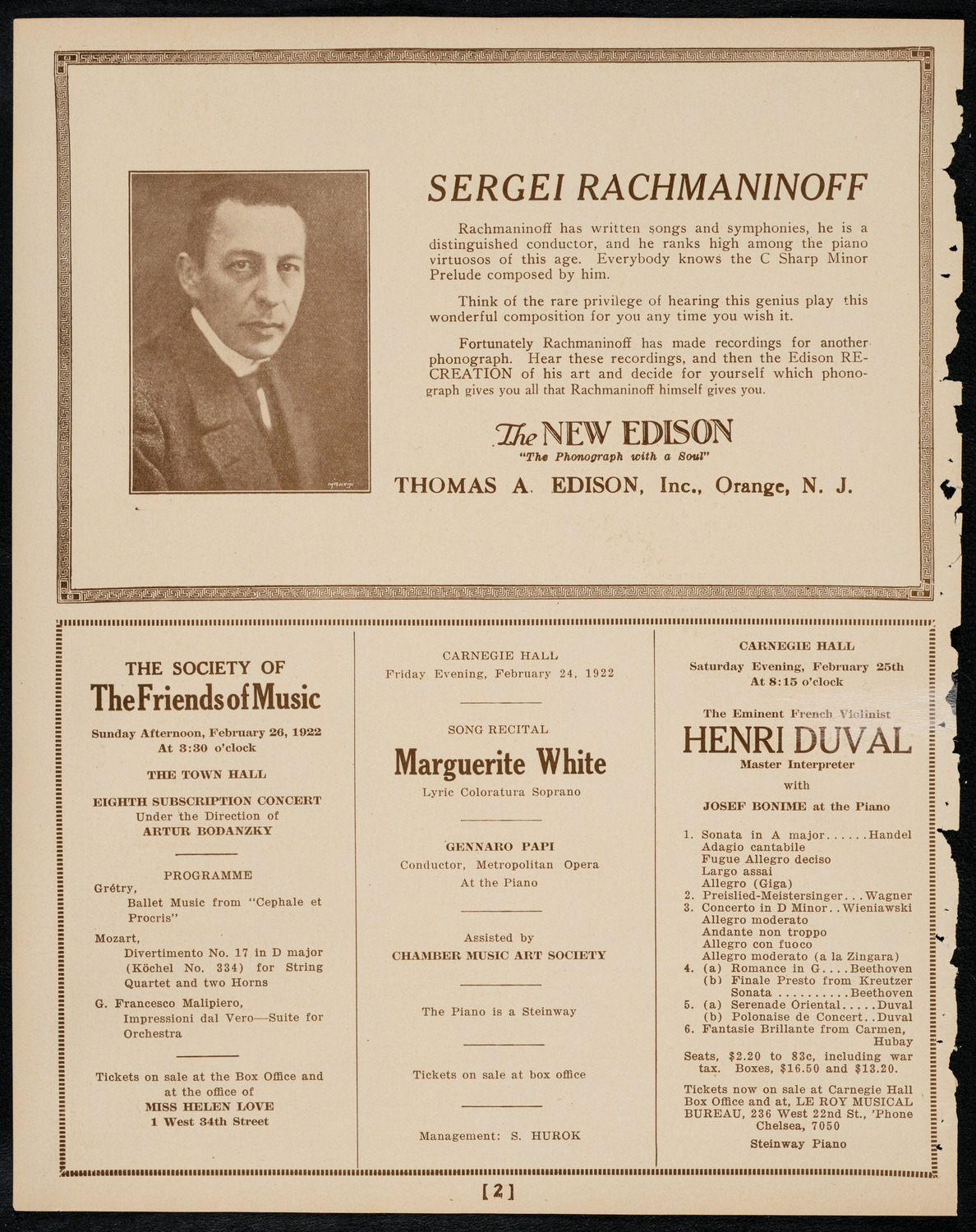 New York Philharmonic, February 23, 1922, program page 2