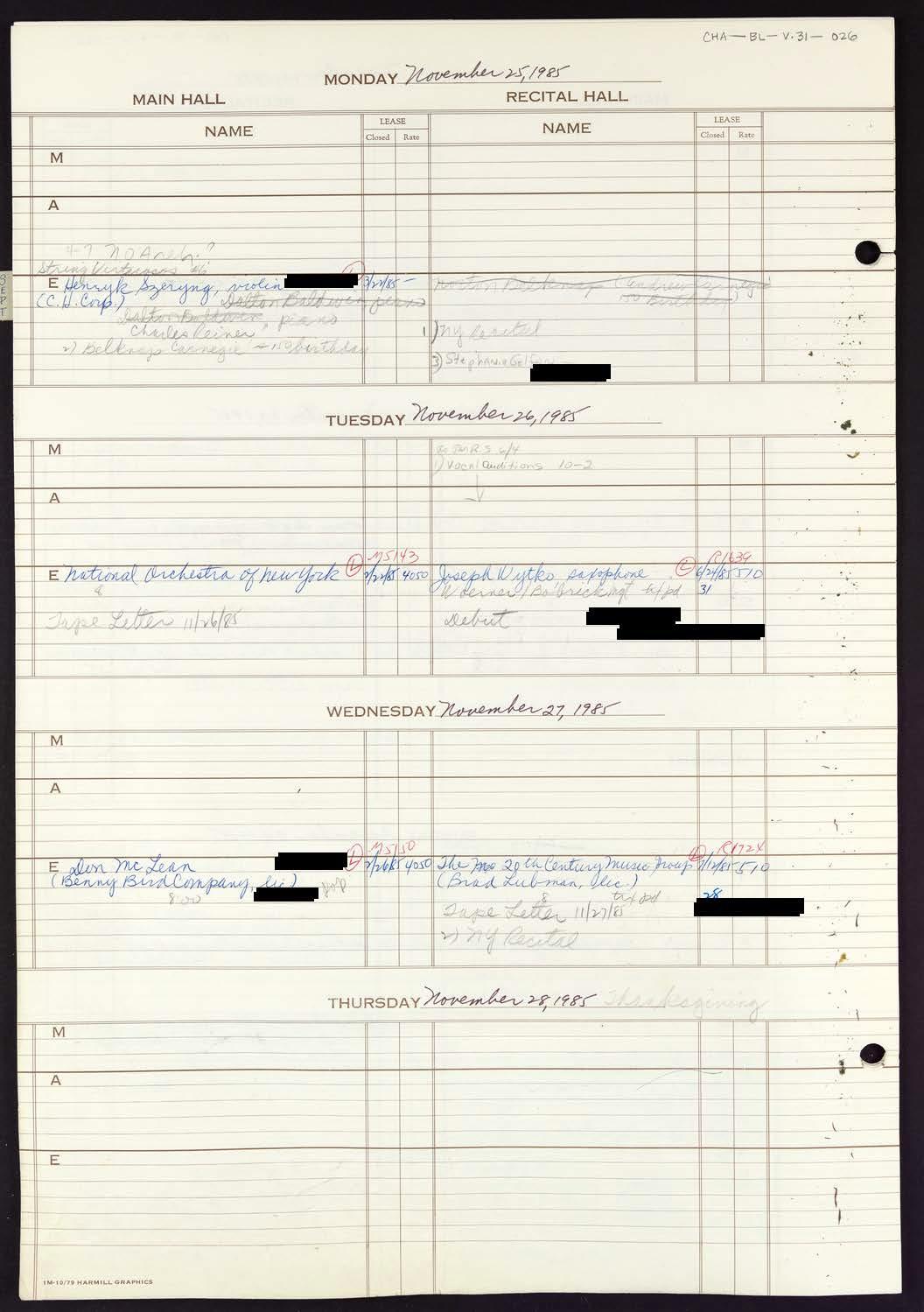 Carnegie Hall Booking Ledger, volume 31, page 26