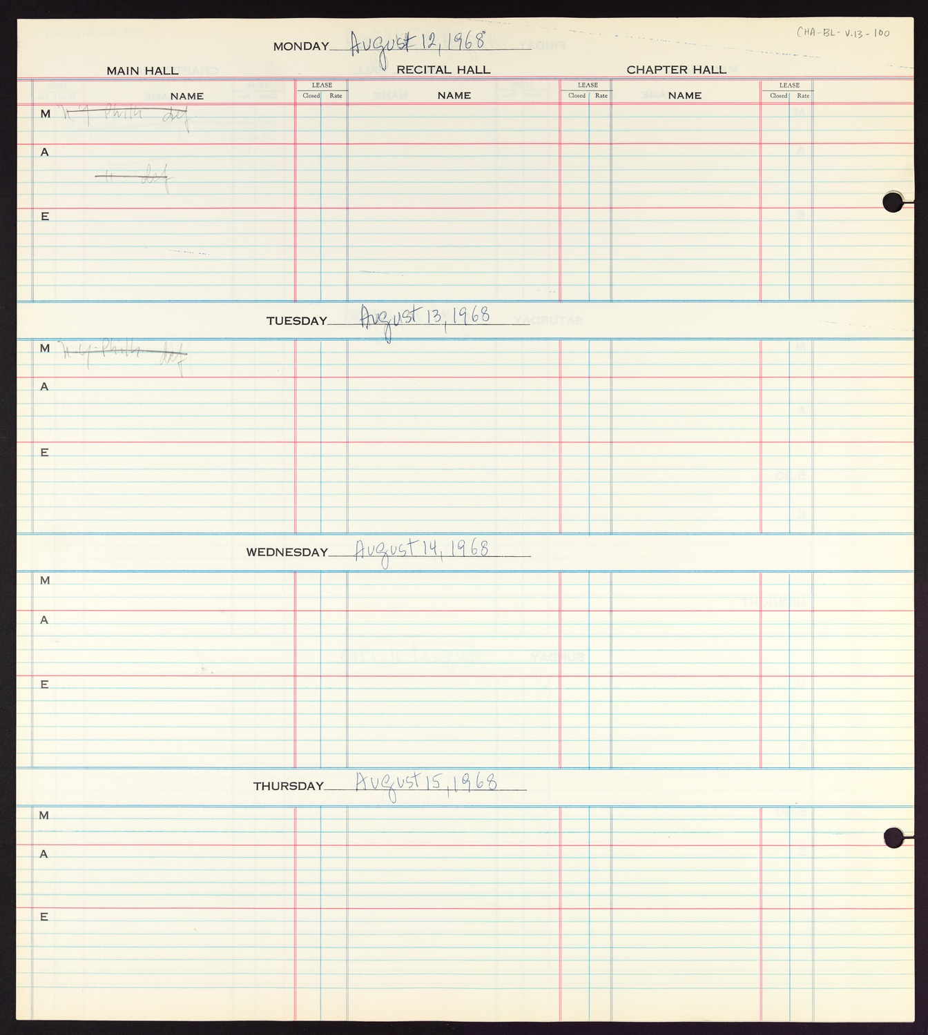 Carnegie Hall Booking Ledger, volume 13, page 100