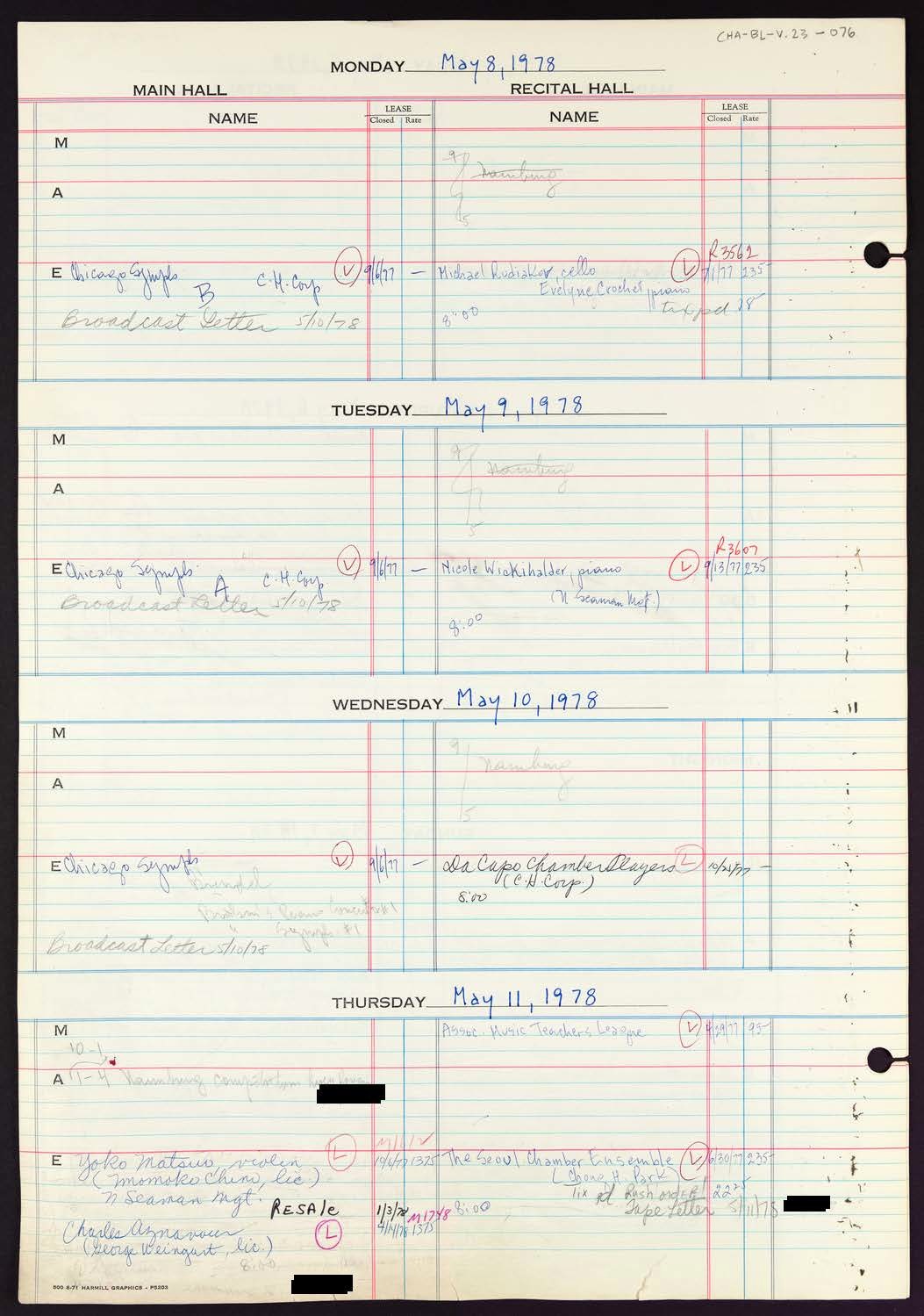 Carnegie Hall Booking Ledger, volume 23, page 76