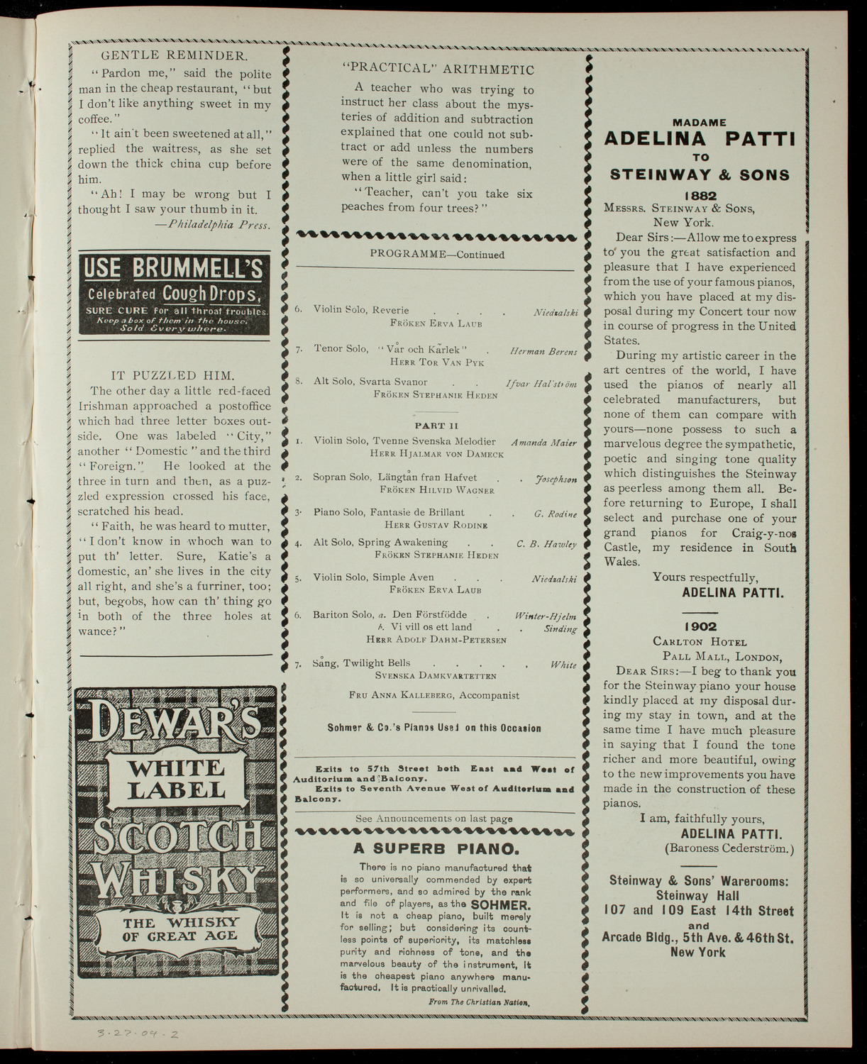 Concert by Fyrtornet Lodge No.1, March 27, 1904, program page 3