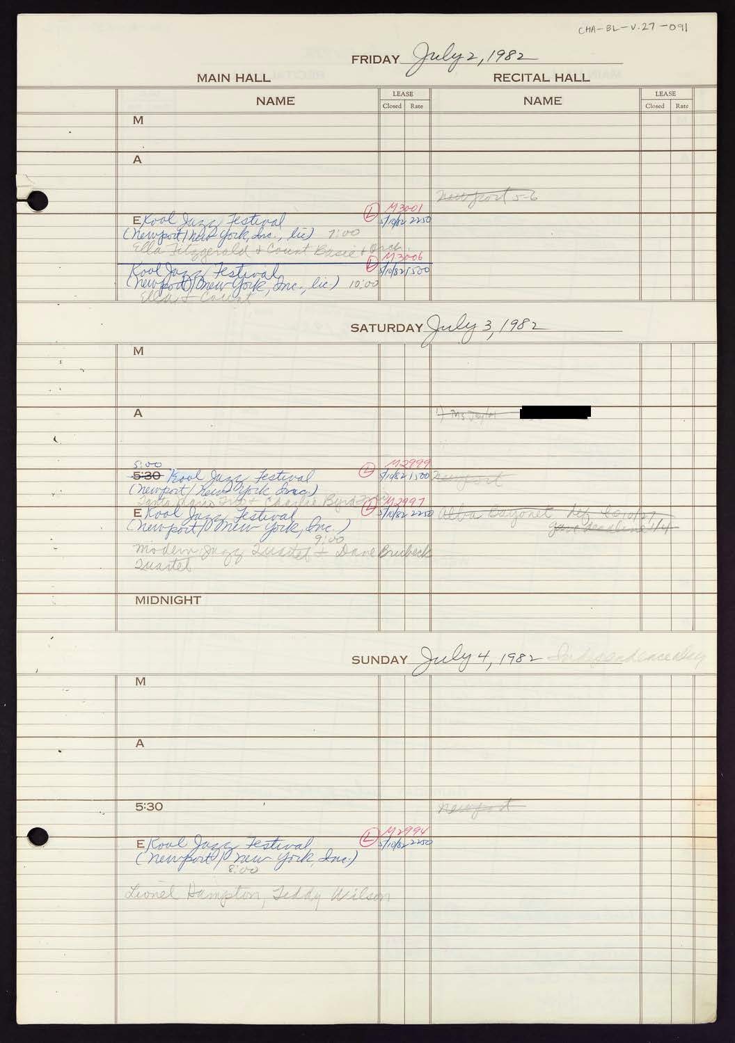 Carnegie Hall Booking Ledger, volume 27, page 91