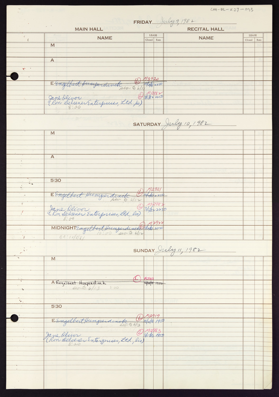 Carnegie Hall Booking Ledger, volume 27, page 93