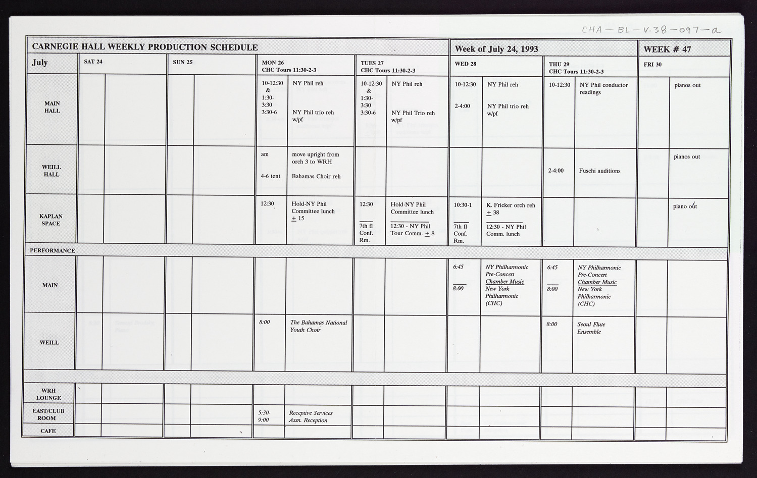 Carnegie Hall Booking Ledger, volume 38, page 97a