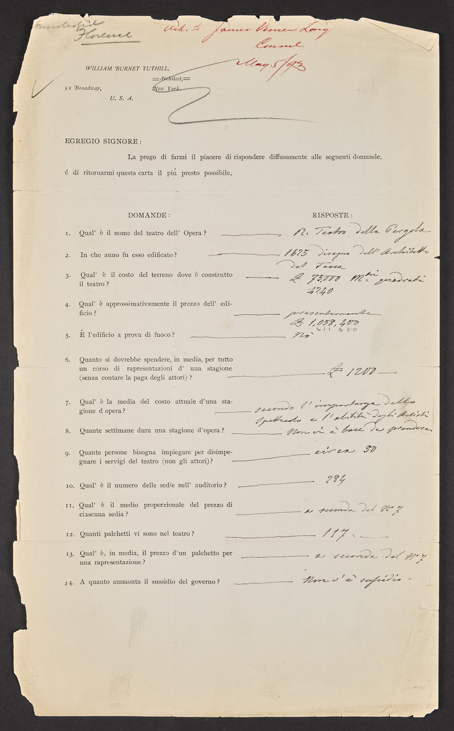 Questionnaire to Regio Teatro della Pergola, May 5, 1893, page 1 of 4