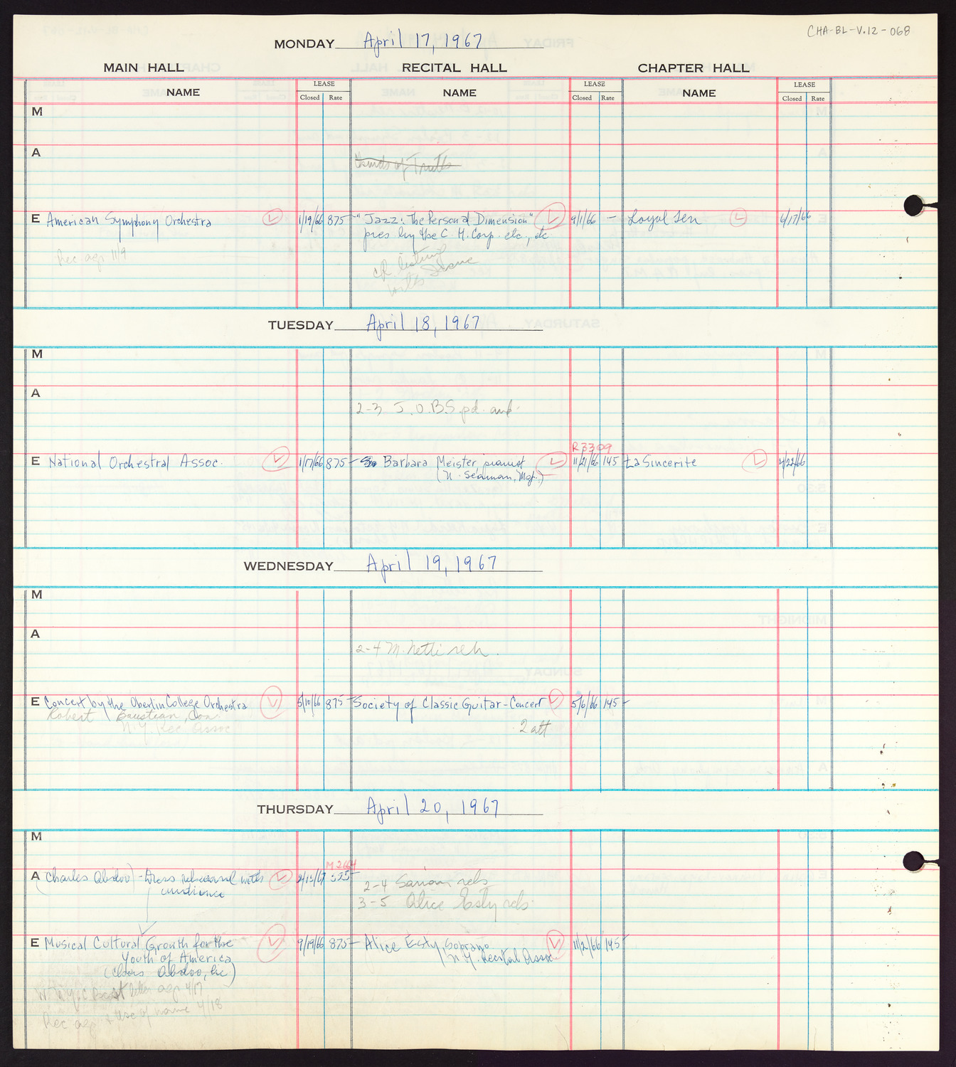 Carnegie Hall Booking Ledger, volume 12, page 68