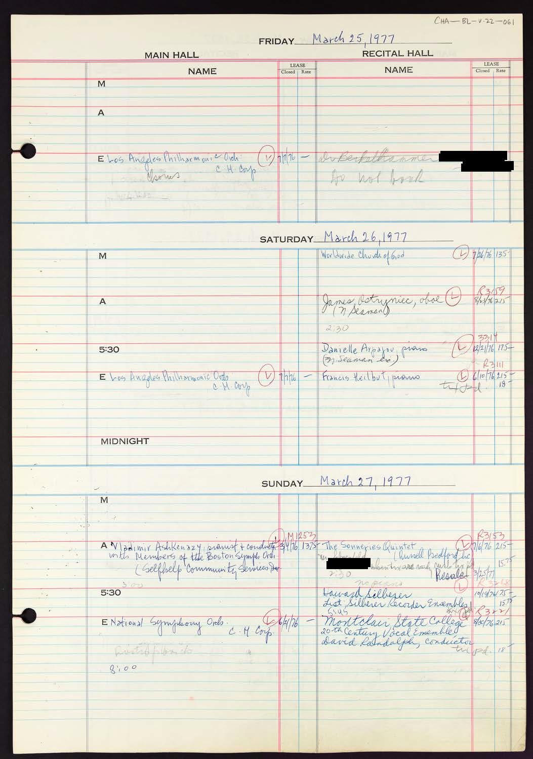 Carnegie Hall Booking Ledger, volume 22, page 61