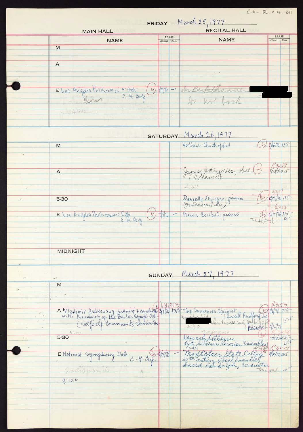 Carnegie Hall Booking Ledger, volume 22, page 61