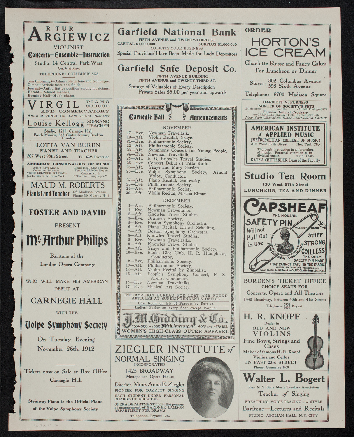 New York Philharmonic, November 17, 1912, program page 3