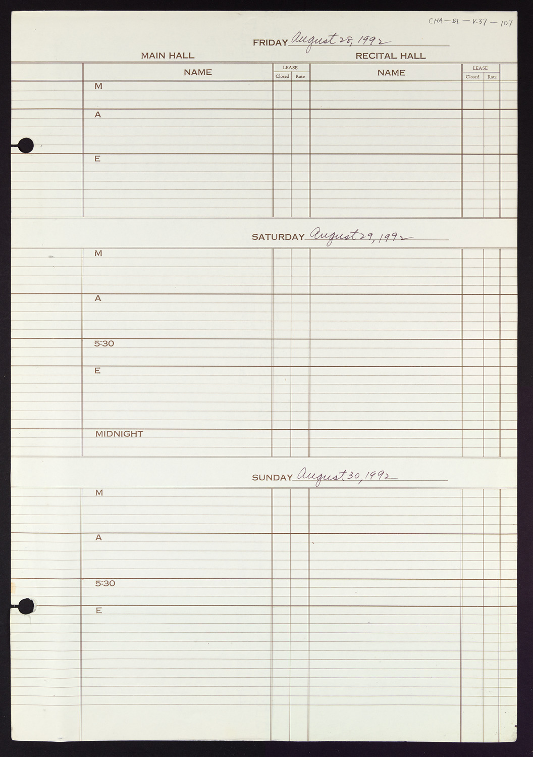 Carnegie Hall Booking Ledger, volume 37, page 107