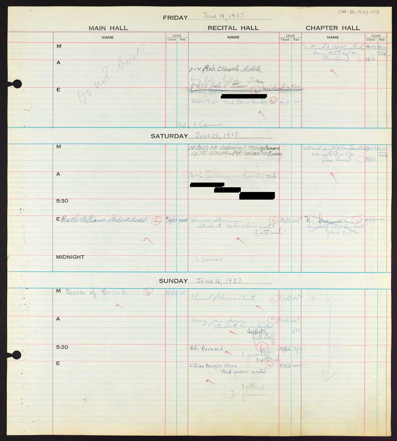 Carnegie Hall Booking Ledger, volume 2, page 75