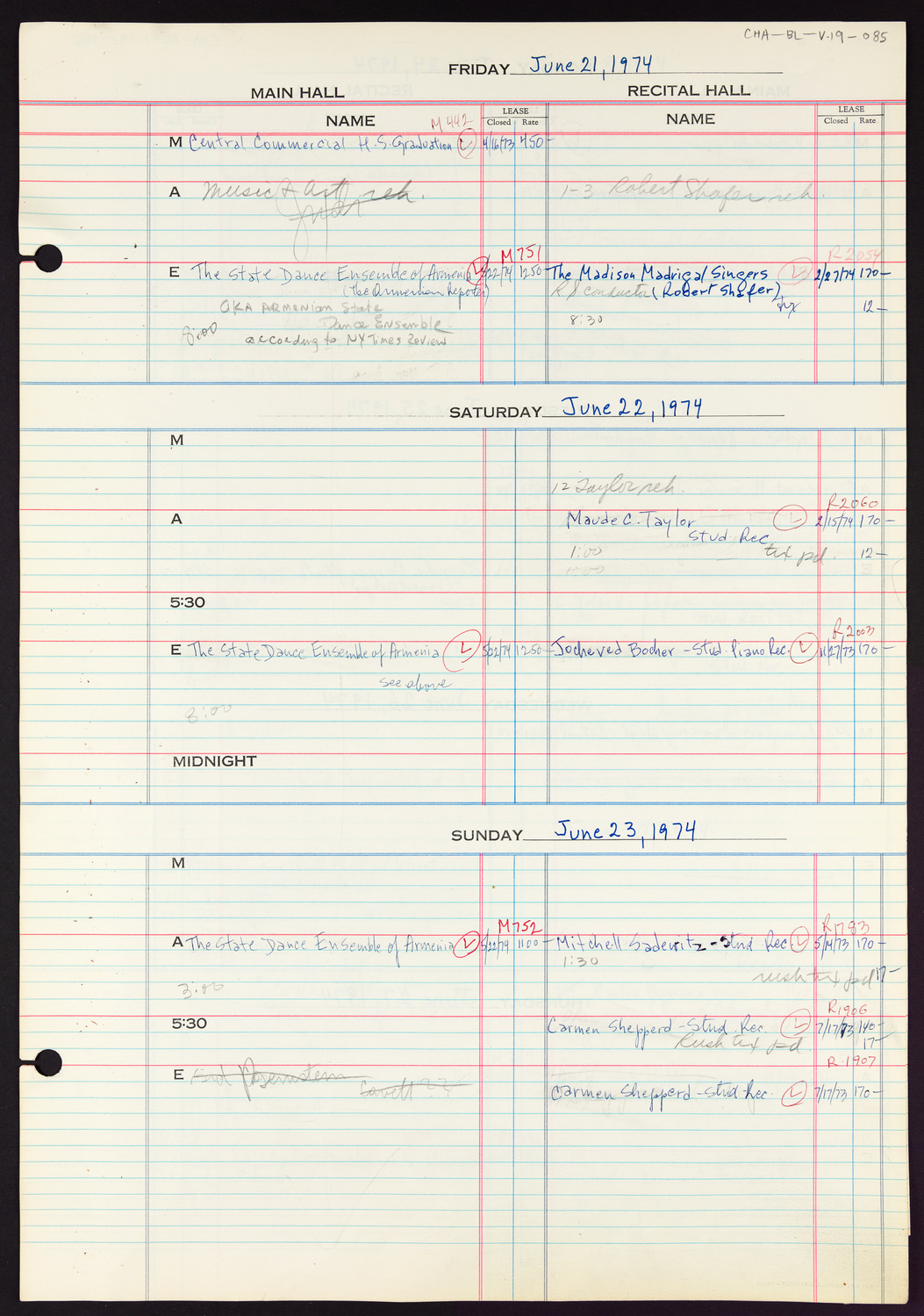 Carnegie Hall Booking Ledger, volume 19, page 85