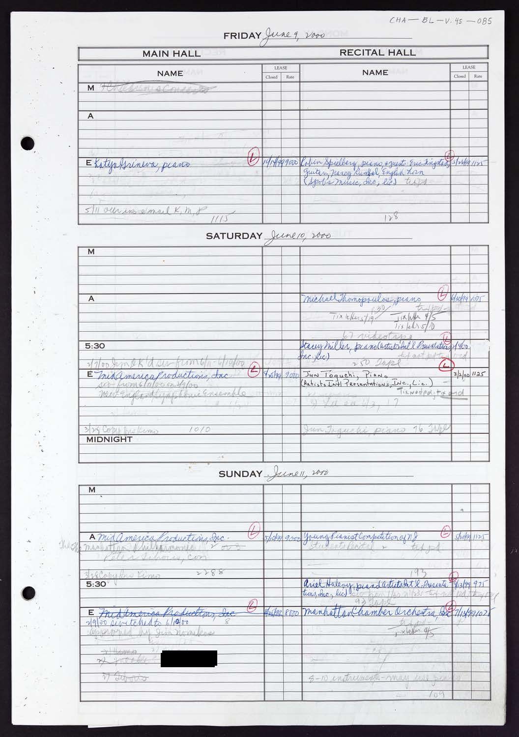 Carnegie Hall Booking Ledger, volume 45, page 85