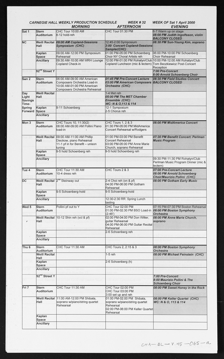 Carnegie Hall Booking Ledger, volume 45, page 65a