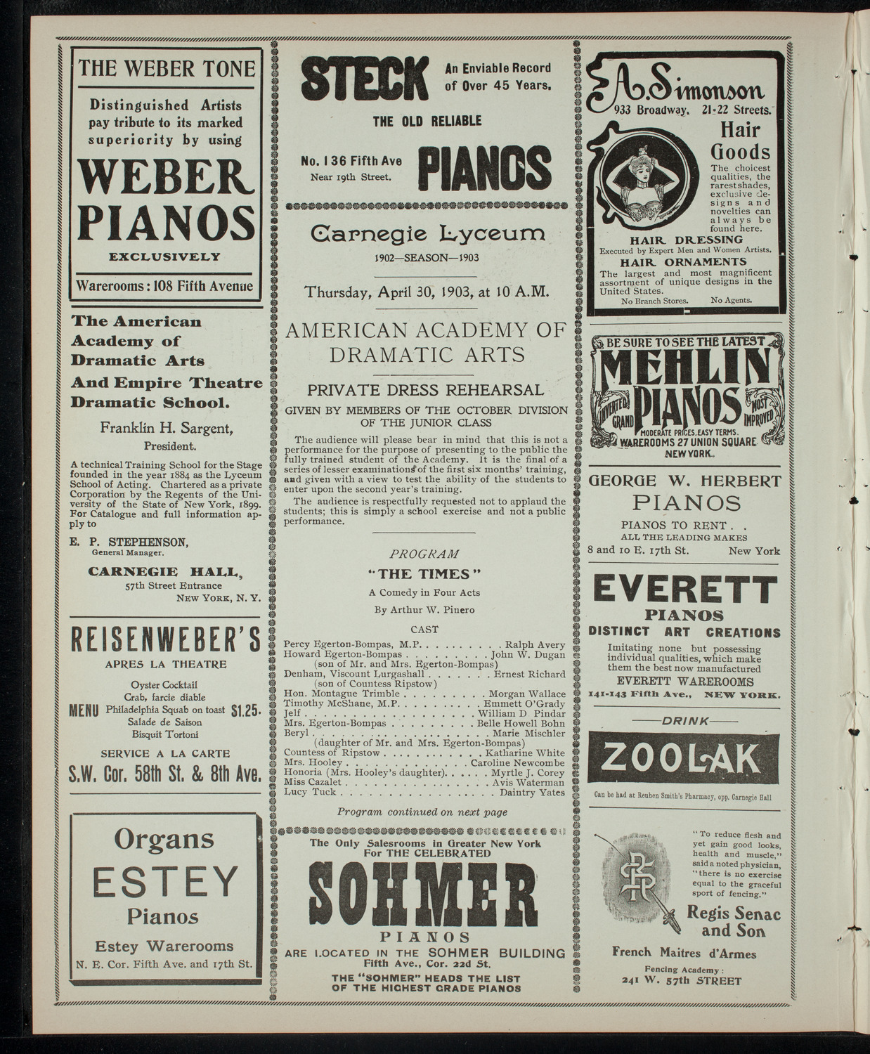 American Academy of Dramatic Arts, April 30, 1903, program page 2