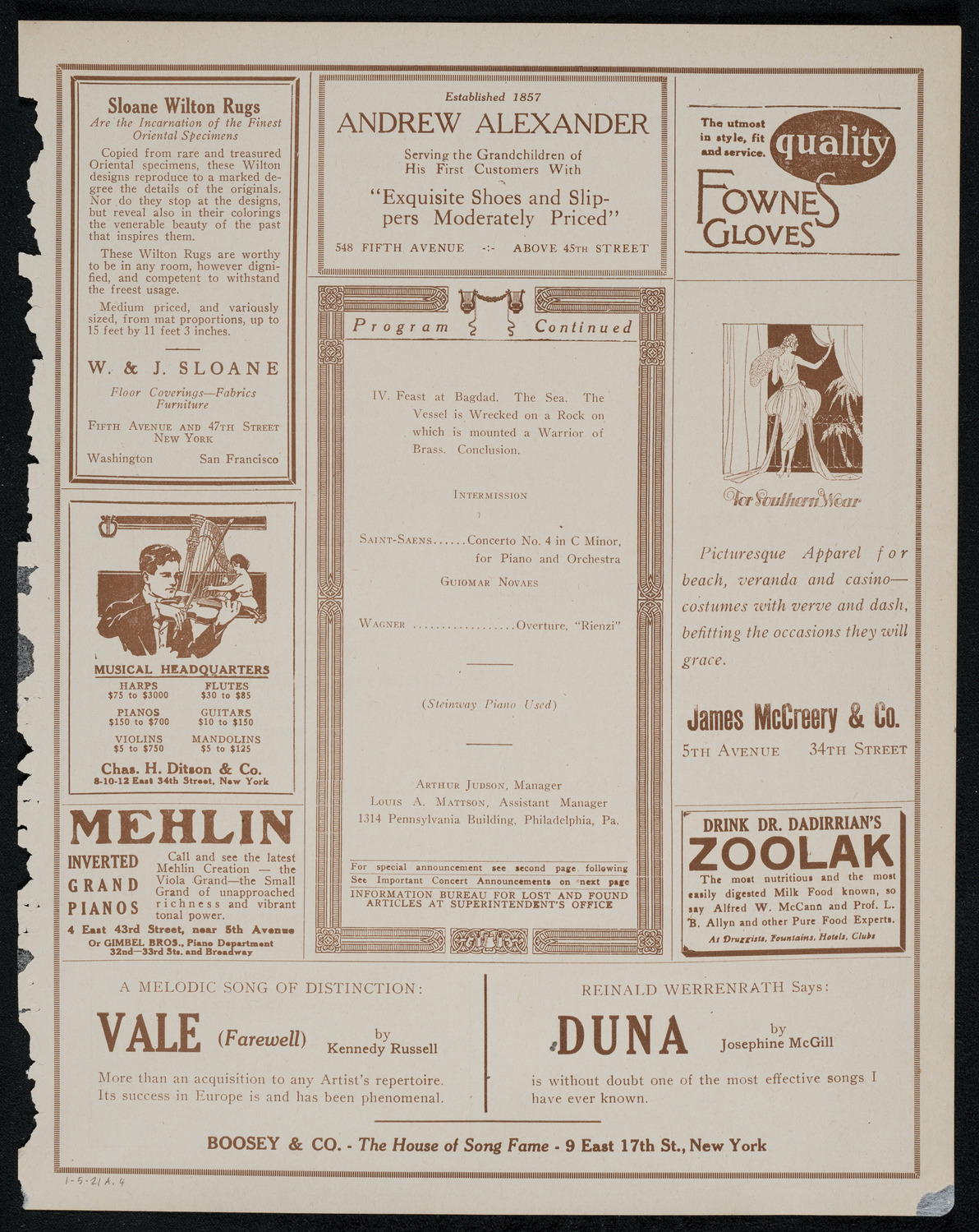 Philadelphia Orchestra, January 5, 1921, program page 7