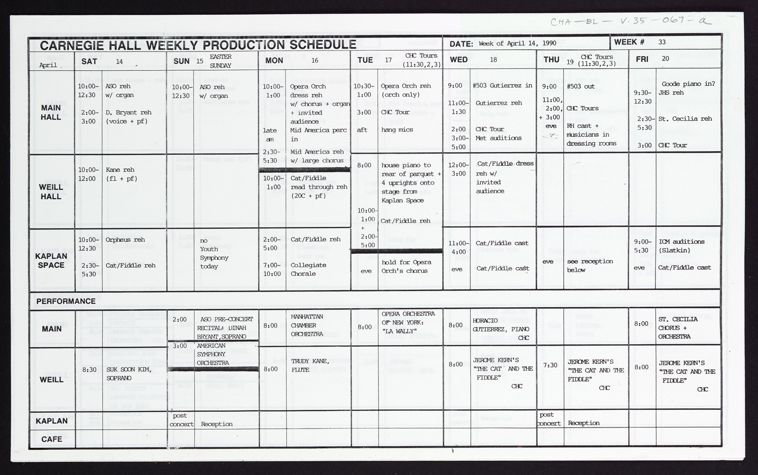 Carnegie Hall Booking Ledger, volume 35, page 67a