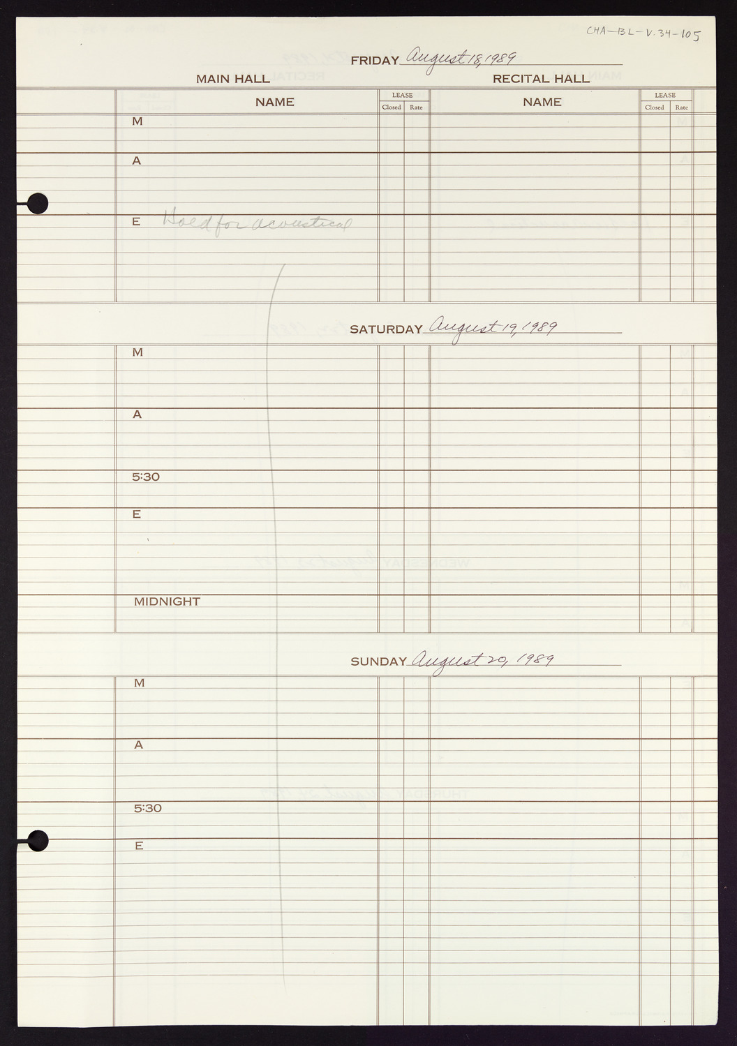 Carnegie Hall Booking Ledger, volume 34, page 105