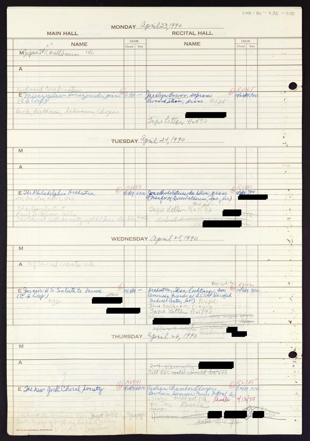 Carnegie Hall Booking Ledger, volume 35, page 70