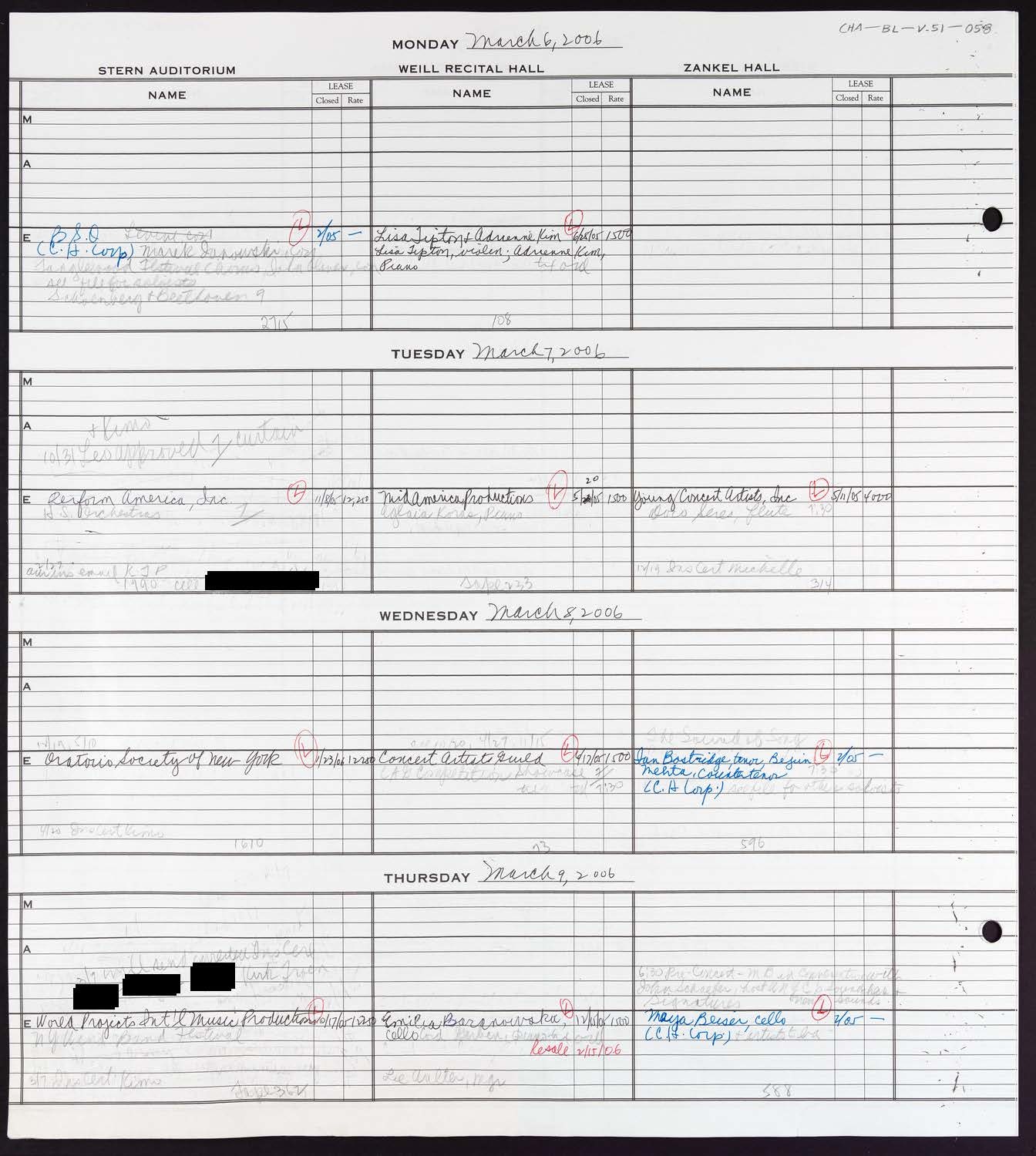 Carnegie Hall Booking Ledger, volume 51, page 58