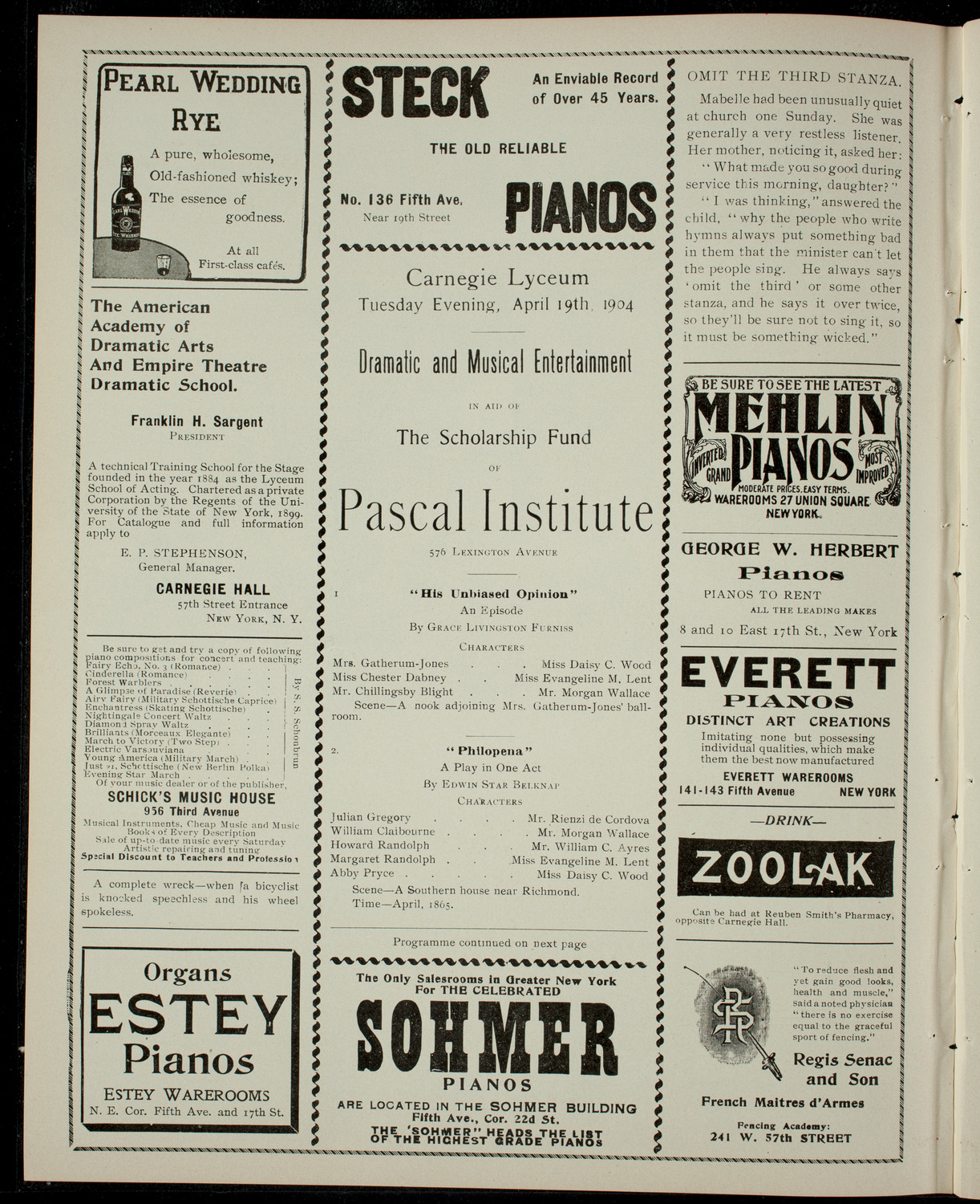 Dramatic and Musical Entertainment in Aid of The Scholarship Fund of the Pascal Institute, April 19, 1904, program page 2