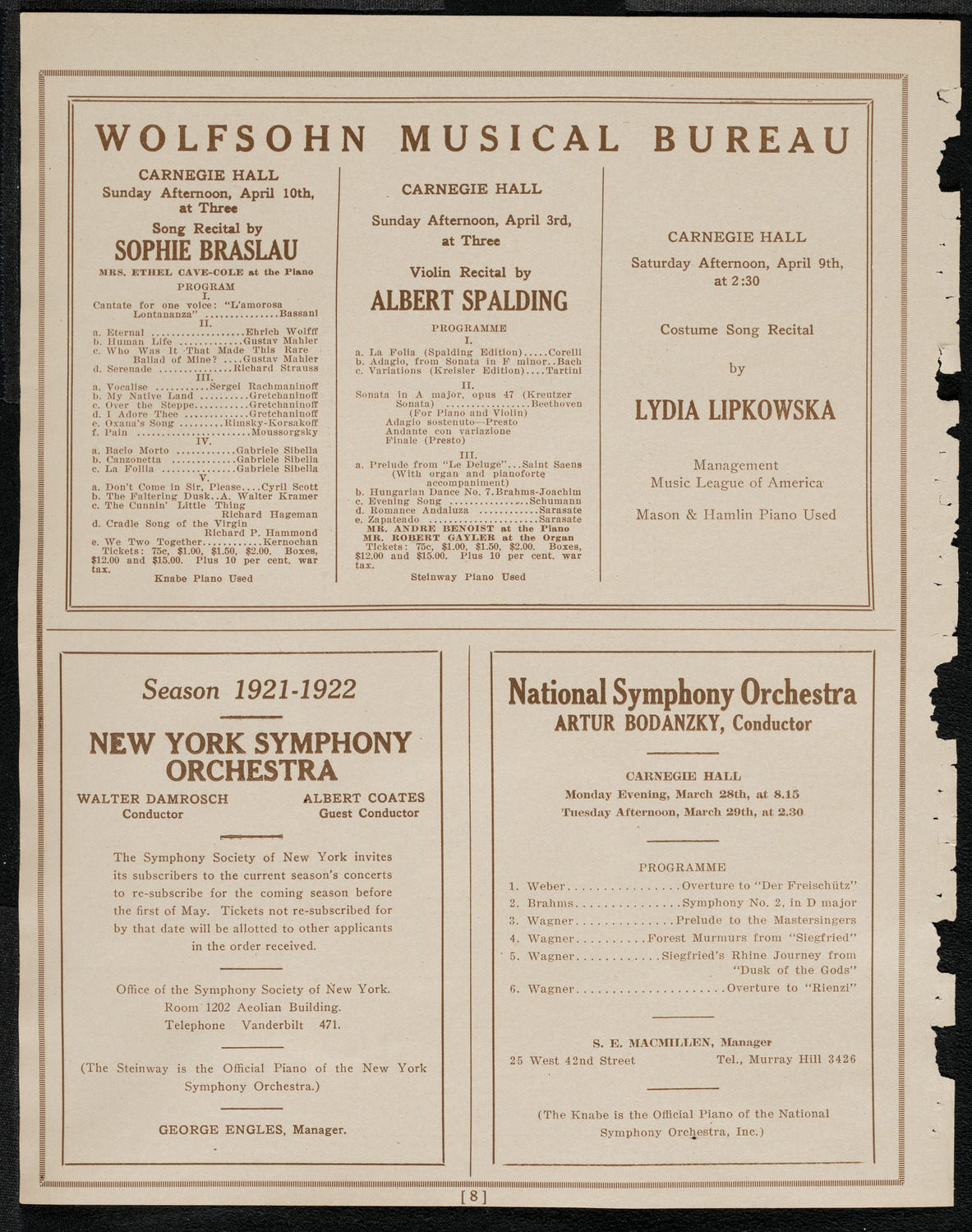 New York Philharmonic, March 27, 1921, program page 8