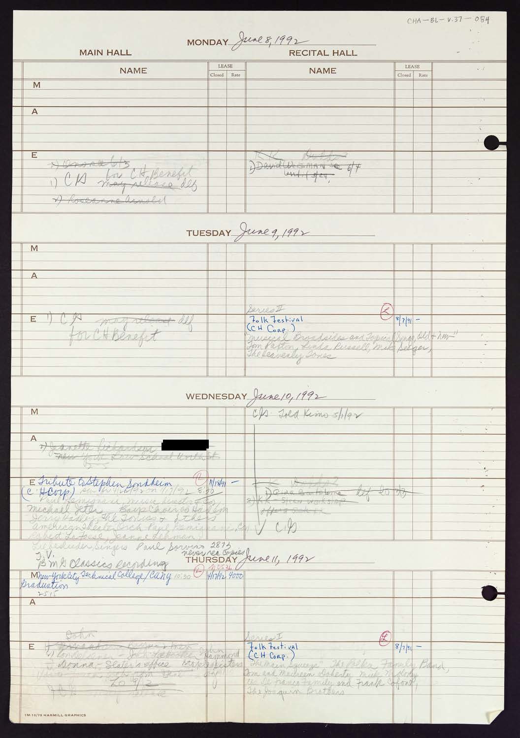 Carnegie Hall Booking Ledger, volume 37, page 84