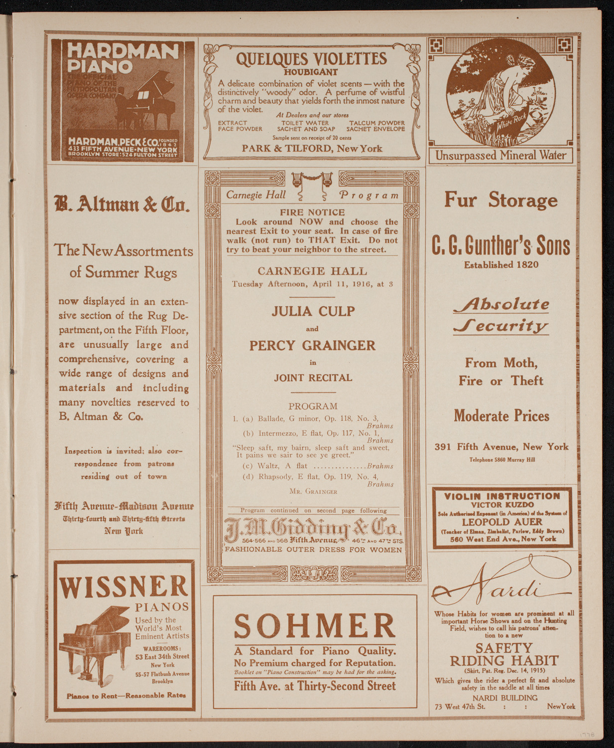 Julia Culp, Contralto, and Percy Grainger, Piano, April 11, 1916, program page 5
