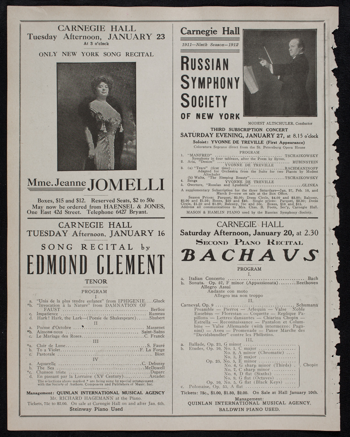 Wilhelm Backhaus, Piano, January 12, 1912, program page 10