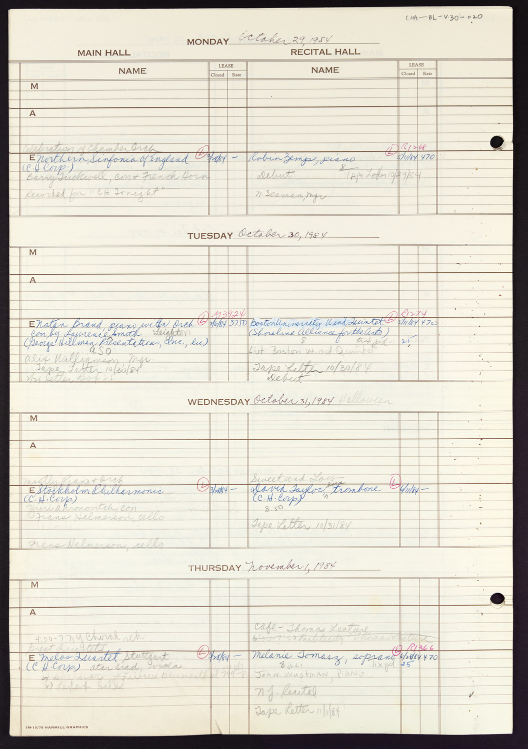 Carnegie Hall Booking Ledger, volume 30, page 20