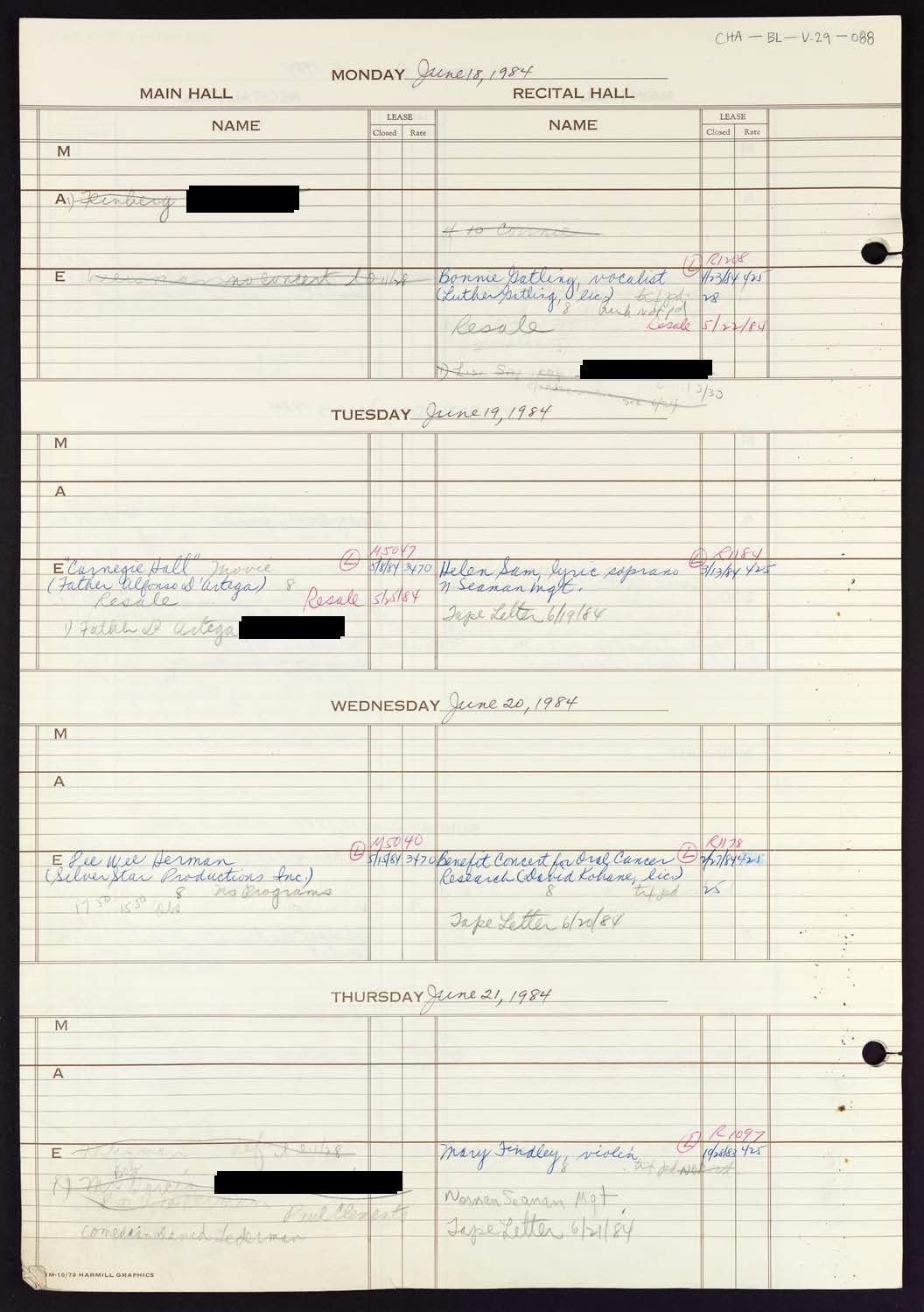 Carnegie Hall Booking Ledger, volume 29, page 88