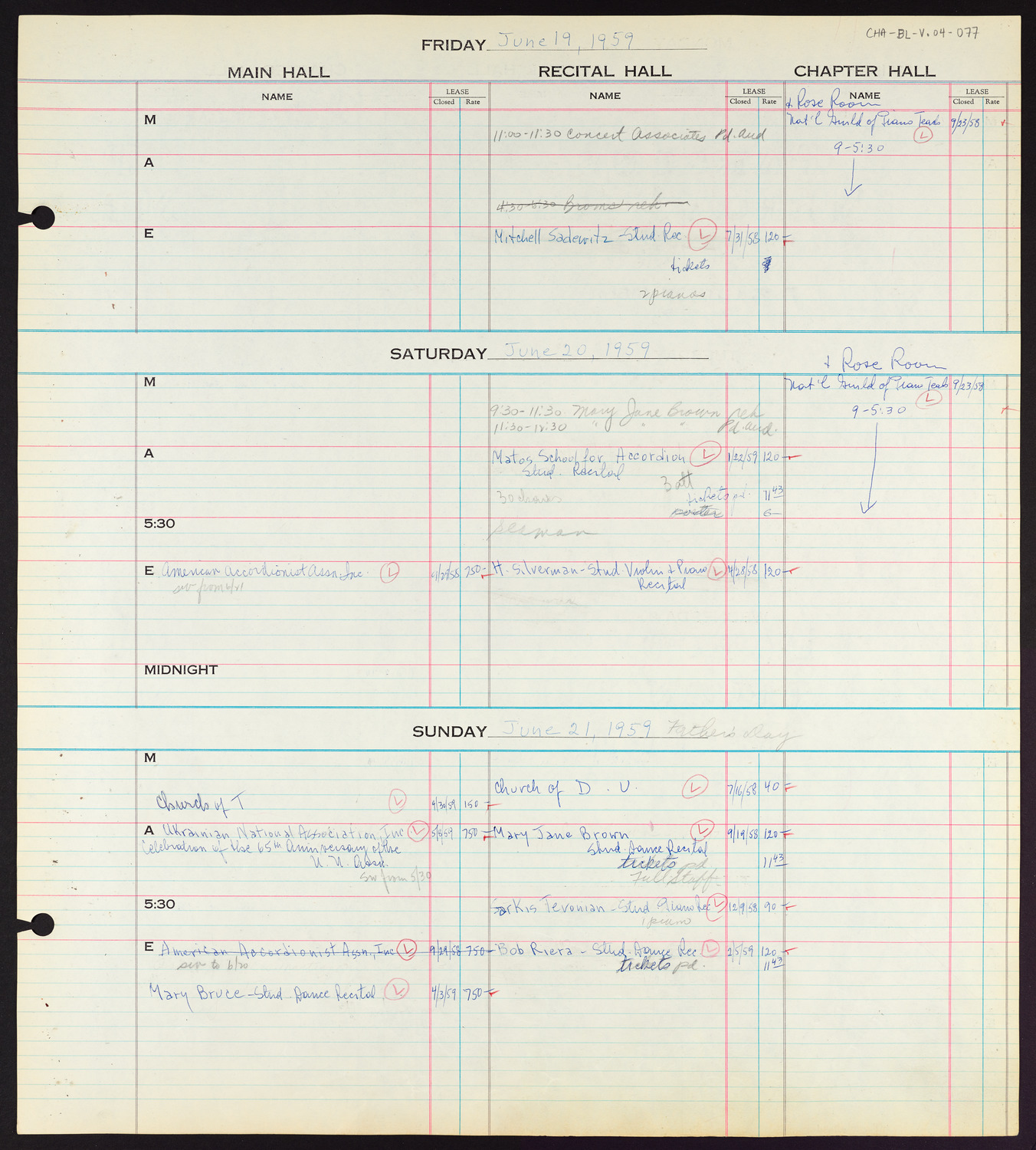 Carnegie Hall Booking Ledger, volume 4, page 77