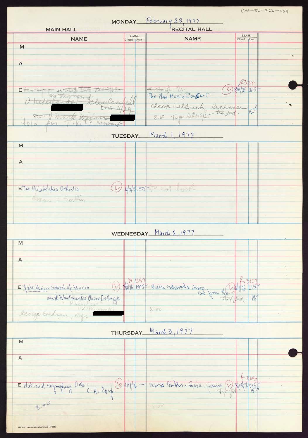 Carnegie Hall Booking Ledger, volume 22, page 54