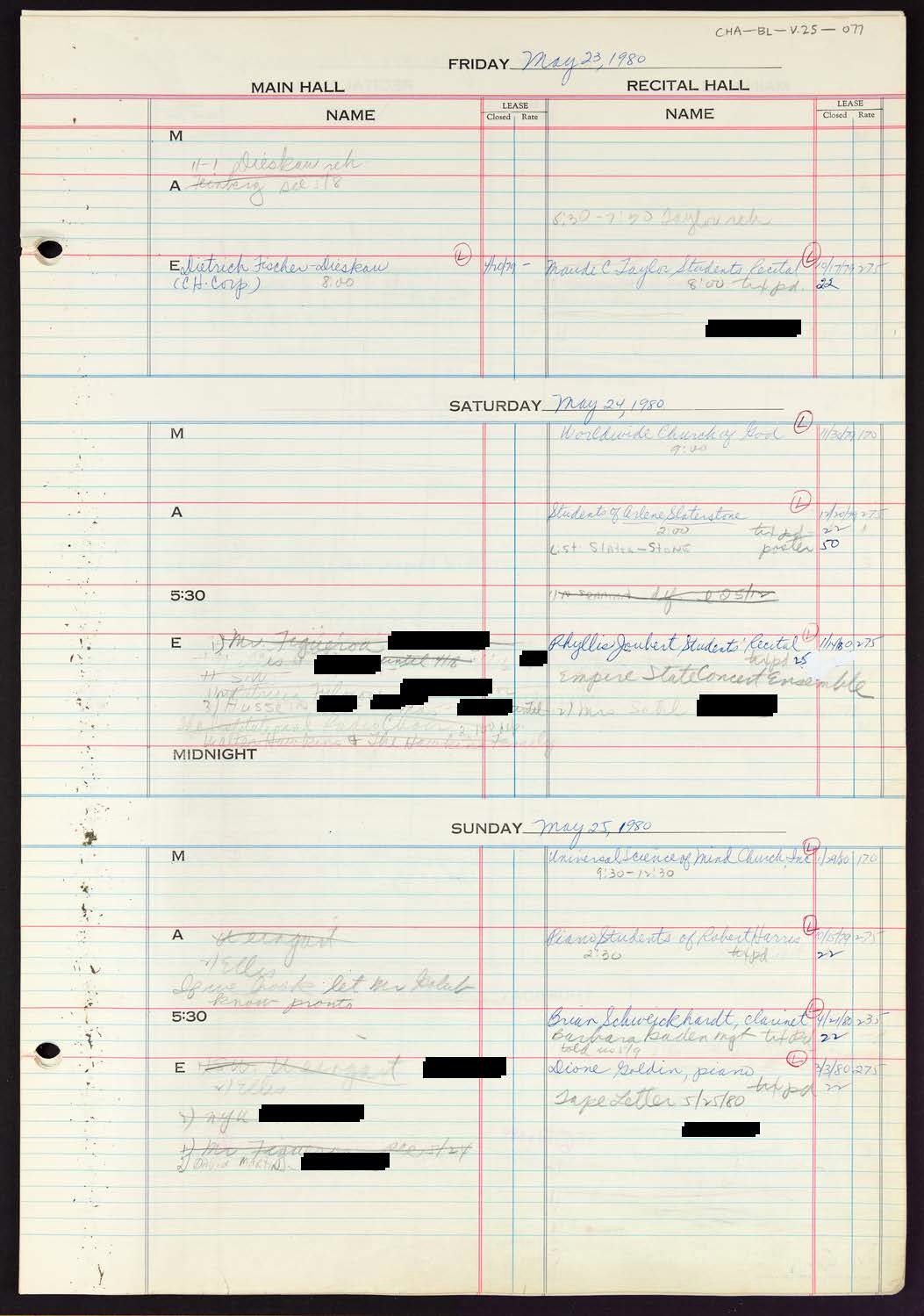 Carnegie Hall Booking Ledger, volume 25, page 77