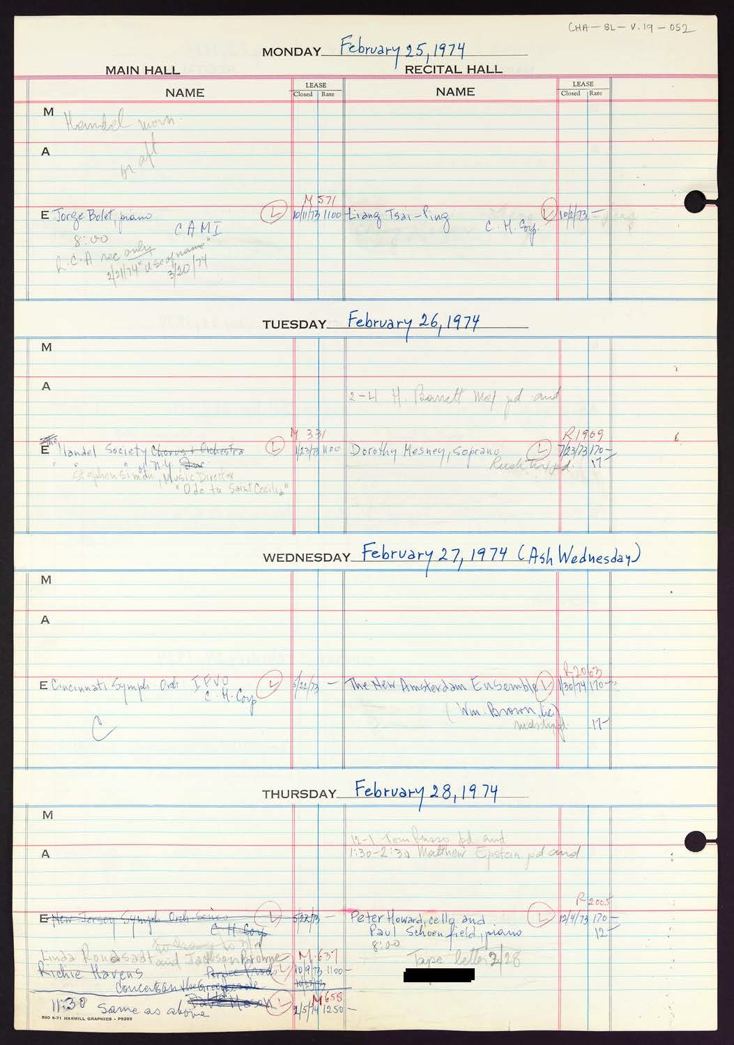 Carnegie Hall Booking Ledger, volume 19, page 52