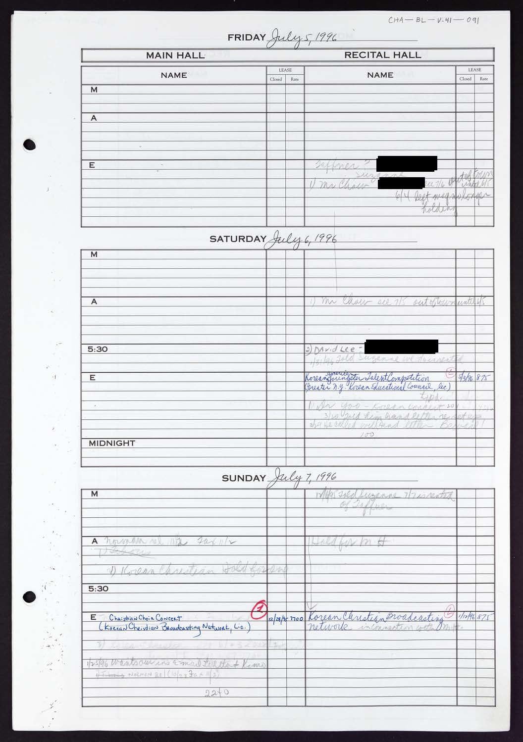 Carnegie Hall Booking Ledger, volume 41, page 91